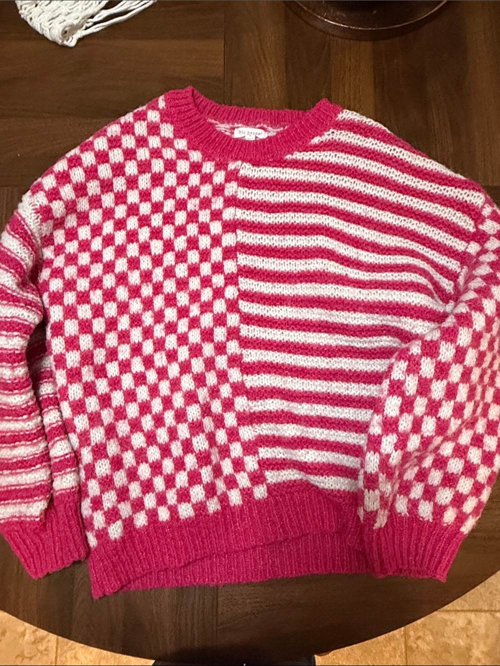 Blu Pepper Pink and White Checker & Stripe Crewneck Sweater